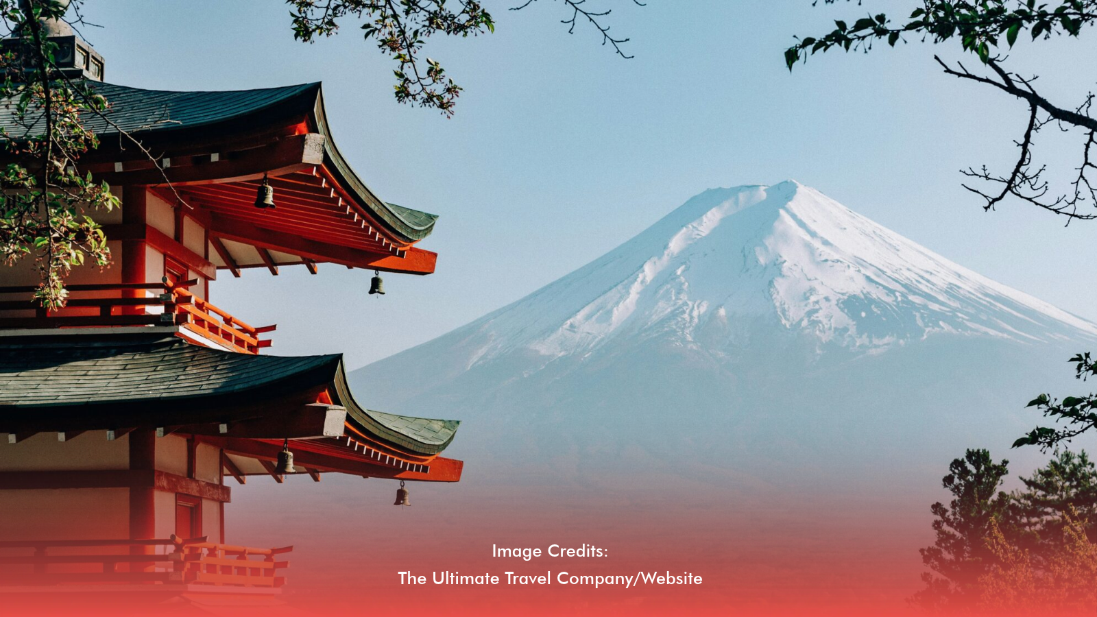 A traditional Japanese temple overlooking snow-capped Mount Fuji.